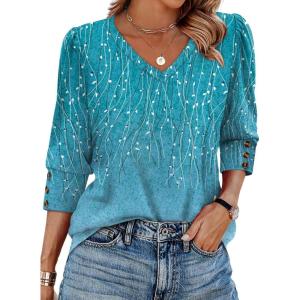 imageXIEERDUO Womens 34 Sleeve Tops with Buttons VNeck Summer Outfits Casual Blouses Shirts Beach Vacation Fall Clothes 2025Fblue Dotted Lines