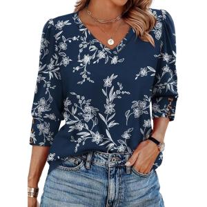 imageXIEERDUO Womens 34 Sleeve Tops with Buttons VNeck Summer Outfits Casual Blouses Shirts Beach Vacation Fall Clothes 2025Fblue Floral