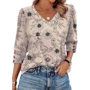 imageXIEERDUO Womens 34 Sleeve Tops with Buttons VNeck Summer Outfits Casual Blouses Shirts Beach Vacation Fall Clothes 2025Fkhaki Ink Floral