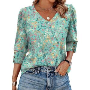 imageXIEERDUO Womens 34 Sleeve Tops with Buttons VNeck Summer Outfits Casual Blouses Shirts Beach Vacation Fall Clothes 2025Fpink Green Floral