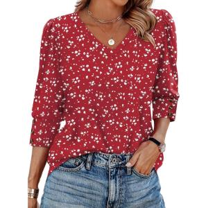 imageXIEERDUO Womens 34 Sleeve Tops with Buttons VNeck Summer Outfits Casual Blouses Shirts Beach Vacation Fall Clothes 2025Fred White Dot