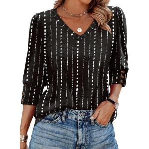 imageXIEERDUO Womens 34 Sleeve Tops with Buttons VNeck Summer Outfits Casual Blouses Shirts Beach Vacation Fall Clothes 2025Fwhite Striped Black