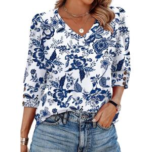 imageXIEERDUO Womens 34 Sleeve Tops with Buttons VNeck Summer Outfits Casual Blouses Shirts Beach Vacation Fall Clothes 2025Fwhite Tribal Blue Floral