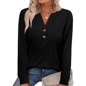imageXIEERDUO Womens Long Sleeve Shirts Fall Tunic Tops Henley V Neck Blouses Dressy Casual 2025 Winter Trendy ClothesAblack