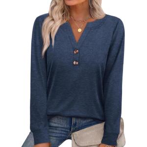 imageXIEERDUO Womens Long Sleeve Shirts Fall Tunic Tops Henley V Neck Blouses Dressy Casual 2025 Winter Trendy ClothesAblue