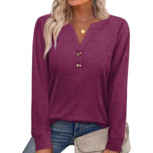 imageXIEERDUO Womens Long Sleeve Shirts Fall Tunic Tops Henley V Neck Blouses Dressy Casual 2025 Winter Trendy ClothesApurple