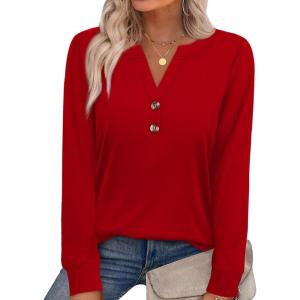 imageXIEERDUO Womens Long Sleeve Shirts Fall Tunic Tops Henley V Neck Blouses Dressy Casual 2025 Winter Trendy ClothesAred