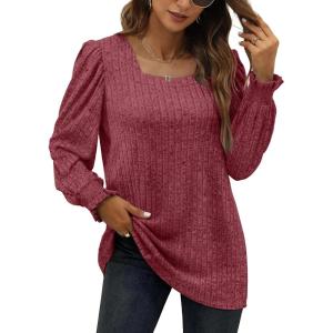 imageXIEERDUO Womens Long Sleeve Tunic Tops Ruffles Sleeve Square Neck Winter Shirts Dressy Casual04red