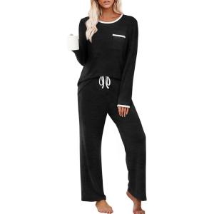imageXIEERDUO Womens Pajama Sets Long Sleeve Sleepwear Soft Pjs Lounge Chest Pocket Two Piece Sets For WomenBlack
