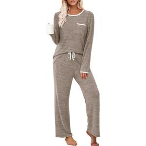 imageXIEERDUO Womens Pajama Sets Long Sleeve Sleepwear Soft Pjs Lounge Chest Pocket Two Piece Sets For WomenCoffee