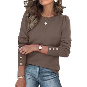 imageWomens Sweaters Fall Fashion 2025 Long Sleeve Button Cuff Soft Knit Pullover Trendy Tops Dressy Casual BlousesBrown