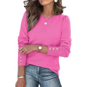imageWomens Sweaters Fall Fashion 2025 Long Sleeve Button Cuff Soft Knit Pullover Trendy Tops Dressy Casual BlousesPink