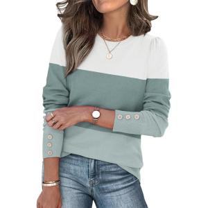imageWomens Sweaters Fall Fashion 2025 Long Sleeve Button Cuff Soft Knit Pullover Trendy Tops Dressy Casual BlousesWhite Green Blue