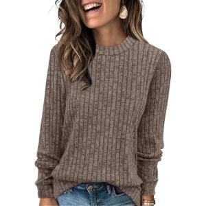 imageXIEERDUO Long Sleeve Shirts For Women Dressy Casual Mock Neck Fall Fashion 2025 Soft Lightweight Tunic SweatersCoffee