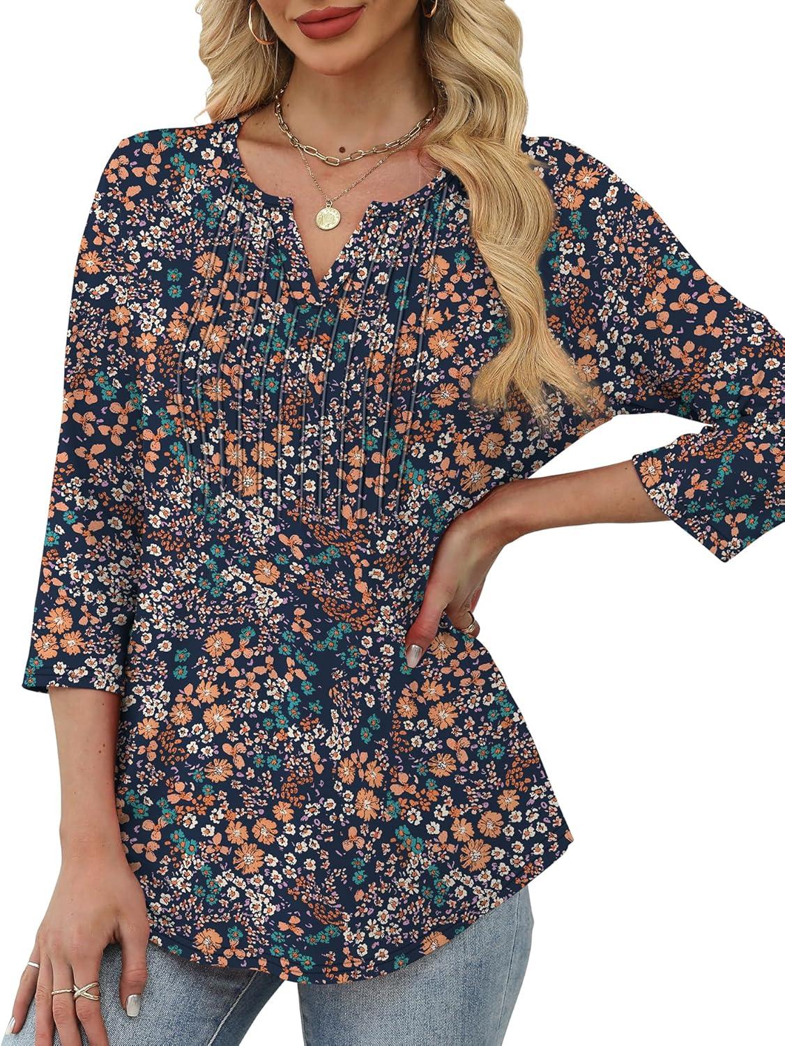 imageXIEERDUO Womens 34 Sleeve Tops 2025 VNeck Casual Pleated Shirts Blouses Beach Vacation Fall Fashion Clothes OutfitsFdark Blue Floral