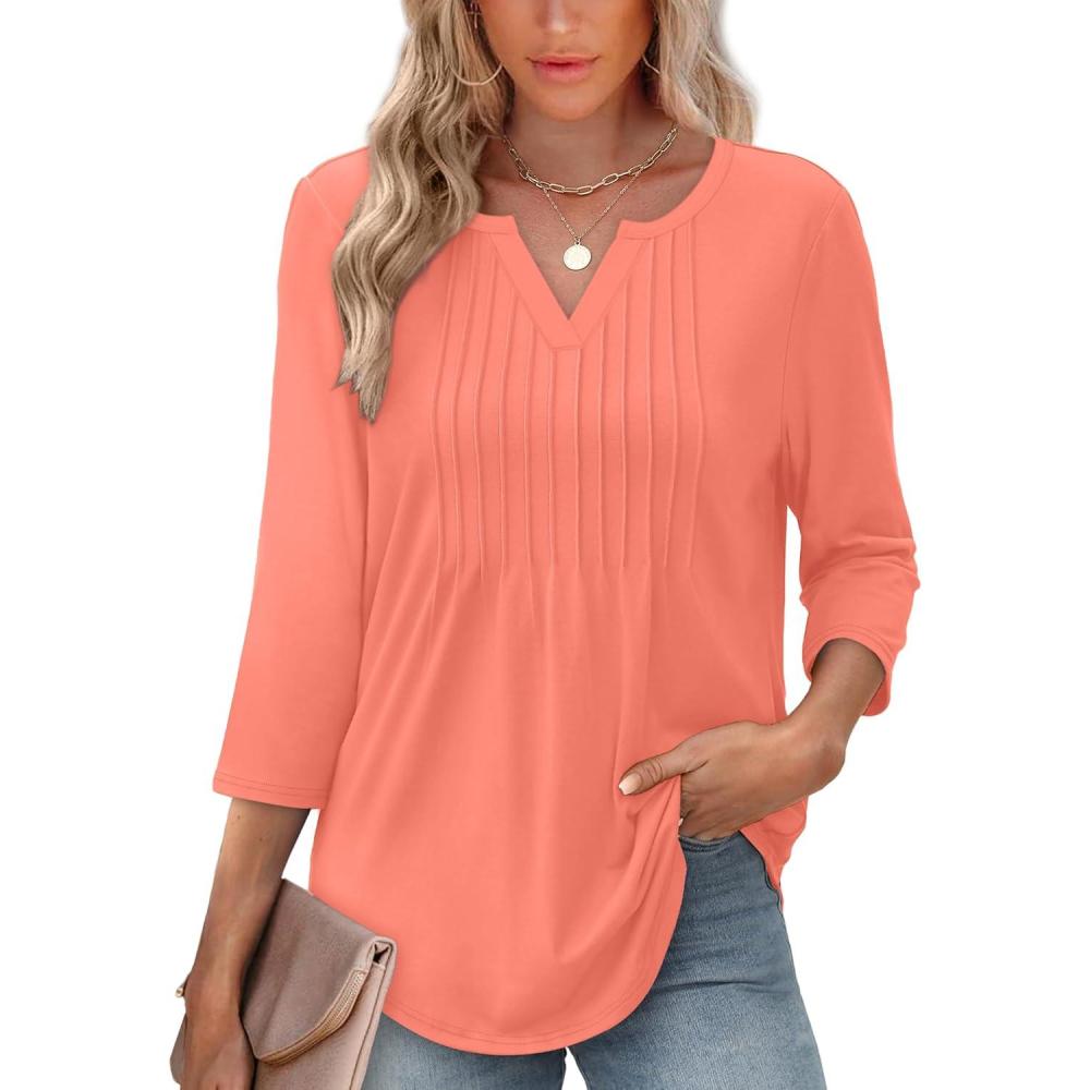 imageXIEERDUO Womens 34 Sleeve Tops 2025 VNeck Casual Pleated Shirts Blouses Beach Vacation Fall Fashion Clothes OutfitsAcoral