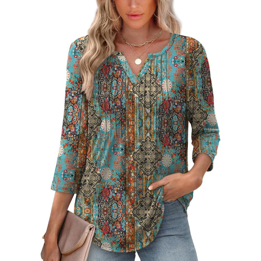 imageXIEERDUO Womens 34 Sleeve Tops 2025 VNeck Casual Pleated Shirts Blouses Beach Vacation Fall Fashion Clothes OutfitsFvintage Boho