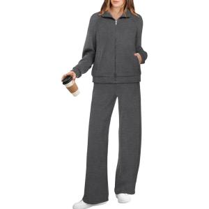 imageXIEERDUO Womens 2 Piece Lounge Sets Full Zip Up Sweatsuit Wide Leg Tracksuit Workout Outfits Fashion Airport WearDark Grey