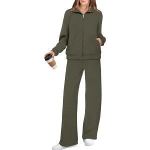 imageXIEERDUO Womens 2 Piece Lounge Sets Full Zip Up Sweatsuit Wide Leg Tracksuit Workout Outfits Fashion Airport WearGreen
