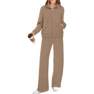 imageXIEERDUO Womens 2 Piece Lounge Sets Full Zip Up Sweatsuit Wide Leg Tracksuit Workout Outfits Fashion Airport WearKhaki