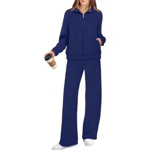 imageXIEERDUO Womens 2 Piece Lounge Sets Full Zip Up Sweatsuit Wide Leg Tracksuit Workout Outfits Fashion Airport WearNavy