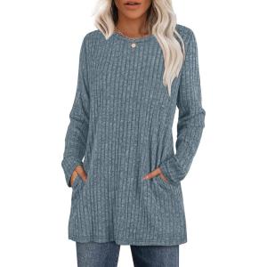 imageXIEERDUO Long Sleeve Shirts for Women Crewneck Tunic Tops Loose Fit Dressy Womens Sweaters with Pockets Fall Fashion 2025Blue