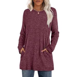 imageXIEERDUO Long Sleeve Shirts for Women Crewneck Tunic Tops Loose Fit Dressy Womens Sweaters with Pockets Fall Fashion 2025Fuchsia
