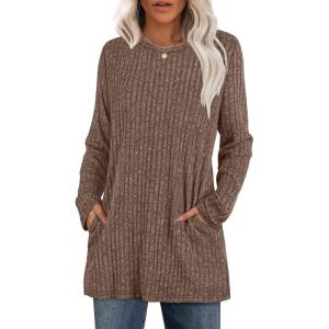 imageXIEERDUO Long Sleeve Shirts for Women Crewneck Tunic Tops Loose Fit Dressy Womens Sweaters with Pockets Fall Fashion 2025Khaki