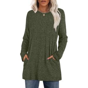 imageXIEERDUO Long Sleeve Shirts for Women Crewneck Tunic Tops Loose Fit Dressy Womens Sweaters with Pockets Fall Fashion 2025Olive Army Green