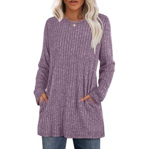 imageXIEERDUO Long Sleeve Shirts for Women Crewneck Tunic Tops Loose Fit Dressy Womens Sweaters with Pockets Fall Fashion 2025Purple