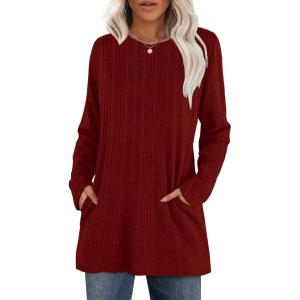 imageXIEERDUO Long Sleeve Shirts for Women Crewneck Tunic Tops Loose Fit Dressy Womens Sweaters with Pockets Fall Fashion 2025Red