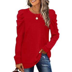 imageXIEERDUO Long Sleeve Shirts for Women Puff Sleeve Tops Pullover Sweaters Fall Fashion Womens Clothing Loose Fit01alight Red