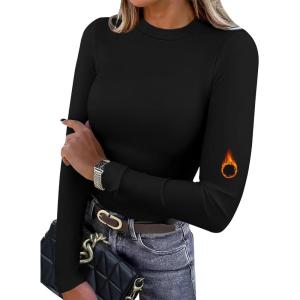 imageXIEERDUO Womens Long Sleeve Thermal Shirt Fleece Mock Neck Tops 2025 Fashion Slim FitBlack