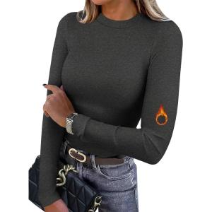 imageXIEERDUO Womens Long Sleeve Thermal Shirt Fleece Mock Neck Tops 2025 Fashion Slim FitGrey