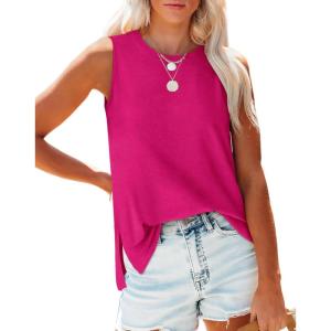 imageXIEERDUO Womens Tank Tops Crewneck Loose Fit Basic Casual Summer Side Split Sleeveless ShirtsBhot Pink