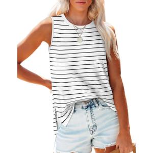 imageXIEERDUO Womens Tank Tops Crewneck Loose Fit Basic Casual Summer Side Split Sleeveless ShirtsEawhite Stripe