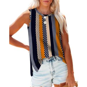 imageXIEERDUO Womens Tank Tops Crewneck Loose Fit Basic Casual Summer Side Split Sleeveless ShirtsEkhaki Stripe