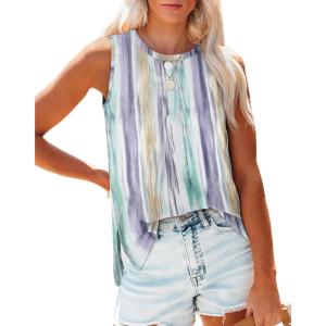 imageXIEERDUO Womens Tank Tops Crewneck Loose Fit Basic Casual Summer Side Split Sleeveless ShirtsHccolorful Stripe