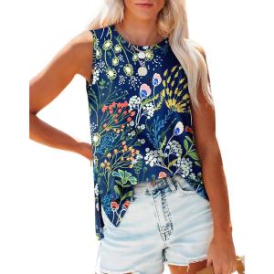 imageXIEERDUO Womens Tank Tops Crewneck Loose Fit Basic Casual Summer Side Split Sleeveless ShirtsHfblue Flower