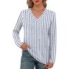 imageXIEERDUO Long Sleeve Shirts for Women V Neck Fall Tops Basic Tunic Tops Loose Fit Dressy 2025Patternedblue Stripe