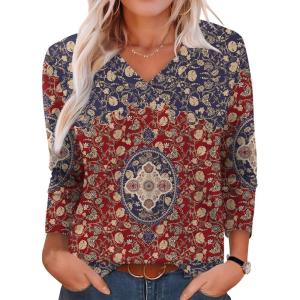 imageXIEERDUO Long Sleeve Shirts for Women V Neck Fall Tops Basic Tunic Tops Loose Fit Dressy 2025Boho Print