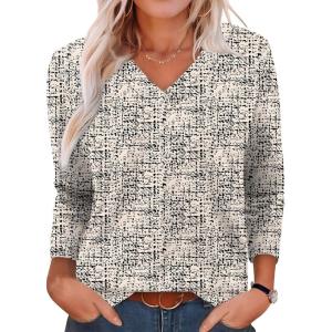 imageXIEERDUO Long Sleeve Shirts for Women V Neck Fall Tops Basic Tunic Tops Loose Fit Dressy 2025Patternedapricot Print