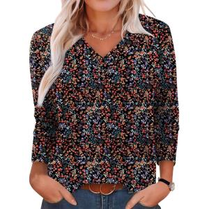imageXIEERDUO Long Sleeve Shirts for Women V Neck Fall Tops Basic Tunic Tops Loose Fit Dressy 2025Patternedblack Floral