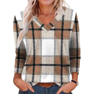 imageXIEERDUO Long Sleeve Shirts for Women V Neck Fall Tops Basic Tunic Tops Loose Fit Dressy 2025Patternedbrown Plaid