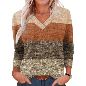 imageXIEERDUO Long Sleeve Shirts for Women V Neck Fall Tops Basic Tunic Tops Loose Fit Dressy 2025Patternedbrown Print