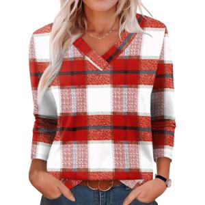 imageXIEERDUO Long Sleeve Shirts for Women V Neck Fall Tops Basic Tunic Tops Loose Fit Dressy 2025Patternedred Plaid