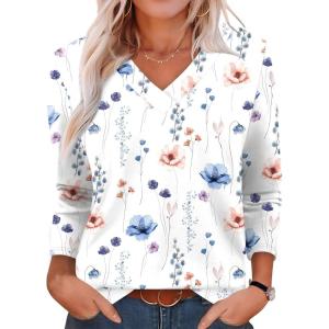 imageXIEERDUO Long Sleeve Shirts for Women V Neck Fall Tops Basic Tunic Tops Loose Fit Dressy 2025Patternedwhite Floral