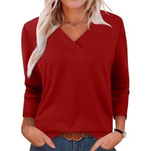 imageXIEERDUO Long Sleeve Shirts for Women V Neck Fall Tops Basic Tunic Tops Loose Fit Dressy 2025Red