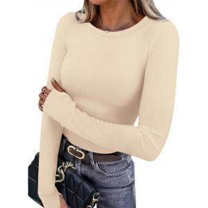 imageXIEERDUO Long Sleeve Thermal Shirt for Women Fleece Slim Fit Tops Crewneck Basic TShirts with Thumb Holes Fall Fashion 2025Beige