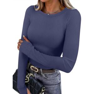 imageXIEERDUO Long Sleeve Thermal Shirt for Women Fleece Slim Fit Tops Crewneck Basic TShirts with Thumb Holes Fall Fashion 2025Blue